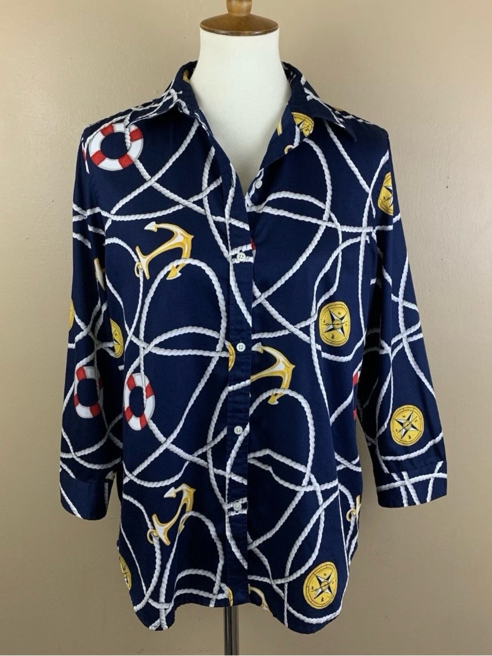 Lauren Ralph Lauren Shirt Womens Large Blue Nautical Anchor 3/4 Sleeve Button Up